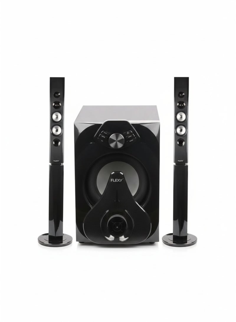 Flexy Home Theater 18000 P.M.P.O, 2.1 Dolby Digital, Bluetooth, LED Lights, USB/TF, FM Radio, 80W Subwoofer, 20W Speakers, Mic Ports, Remote, 2-Year Warranty. - Image 1